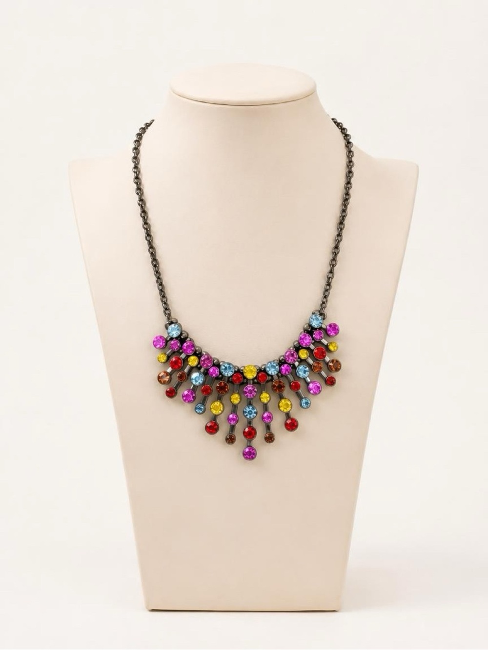 ✨ Gunmetal Rainbow Rhinestone Waterfall Fringe Statement Bib Necklace ✨